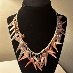 Braided Natural Cut Sea Shell Statement Necklace with Orange Tones 17”